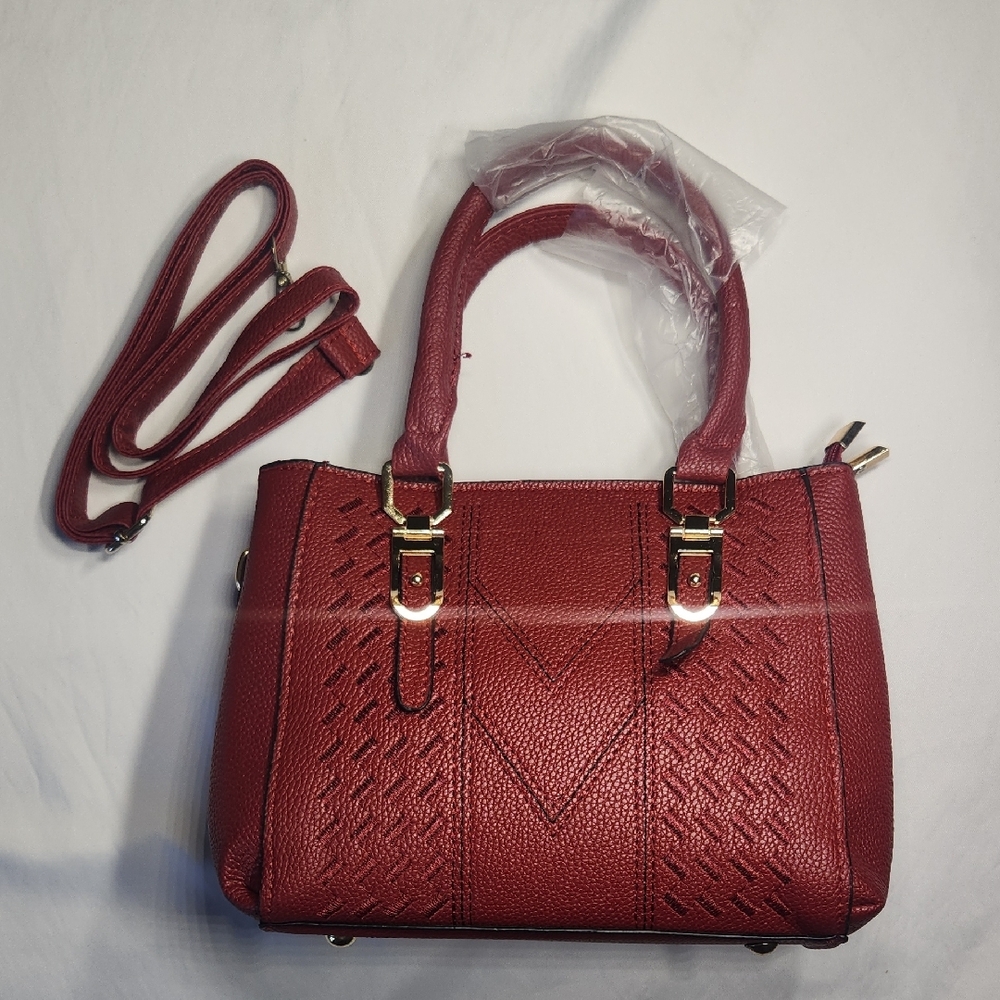 Red Faux Leather Satchel Handbag Purse – Double Zipper Compartments NWOT